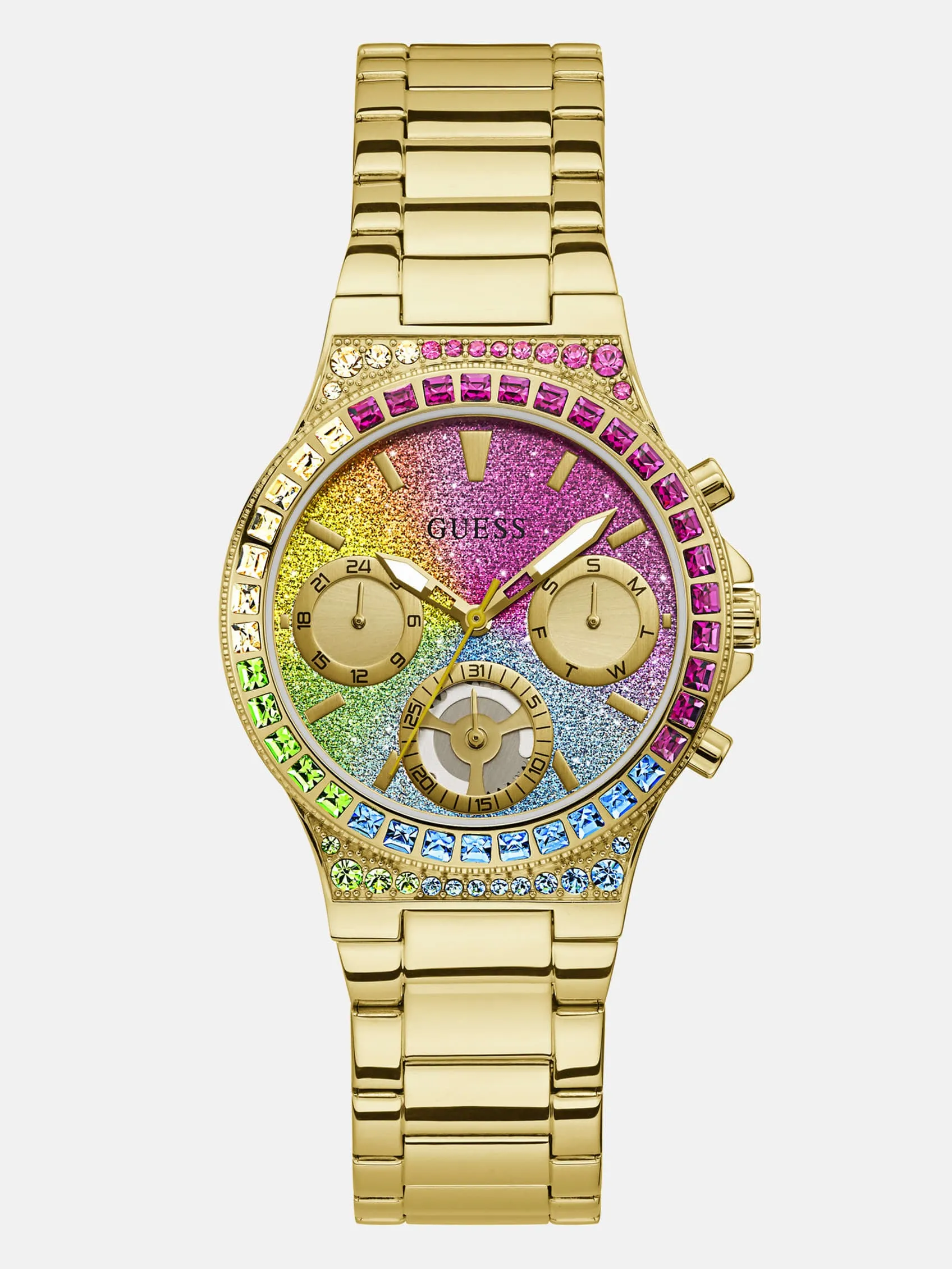 Gold-Tone and Rainbow Crystal Multifunction Watch