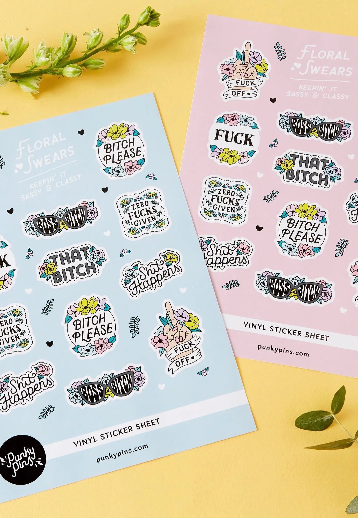 Punky Pins - Floral Swears A5 Vinyl Pink - Sticker Set