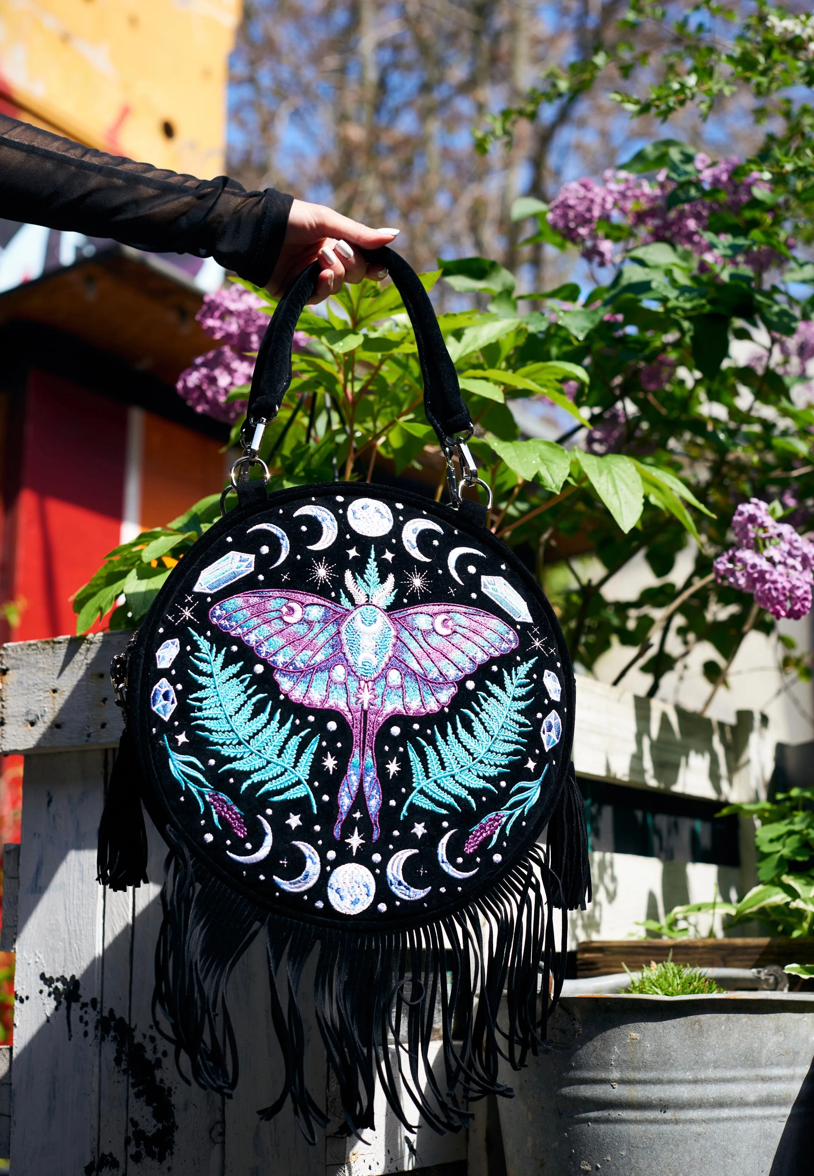 Restyle - Enchanted Forest Round With Moon Moth And Crystals Black - Bag