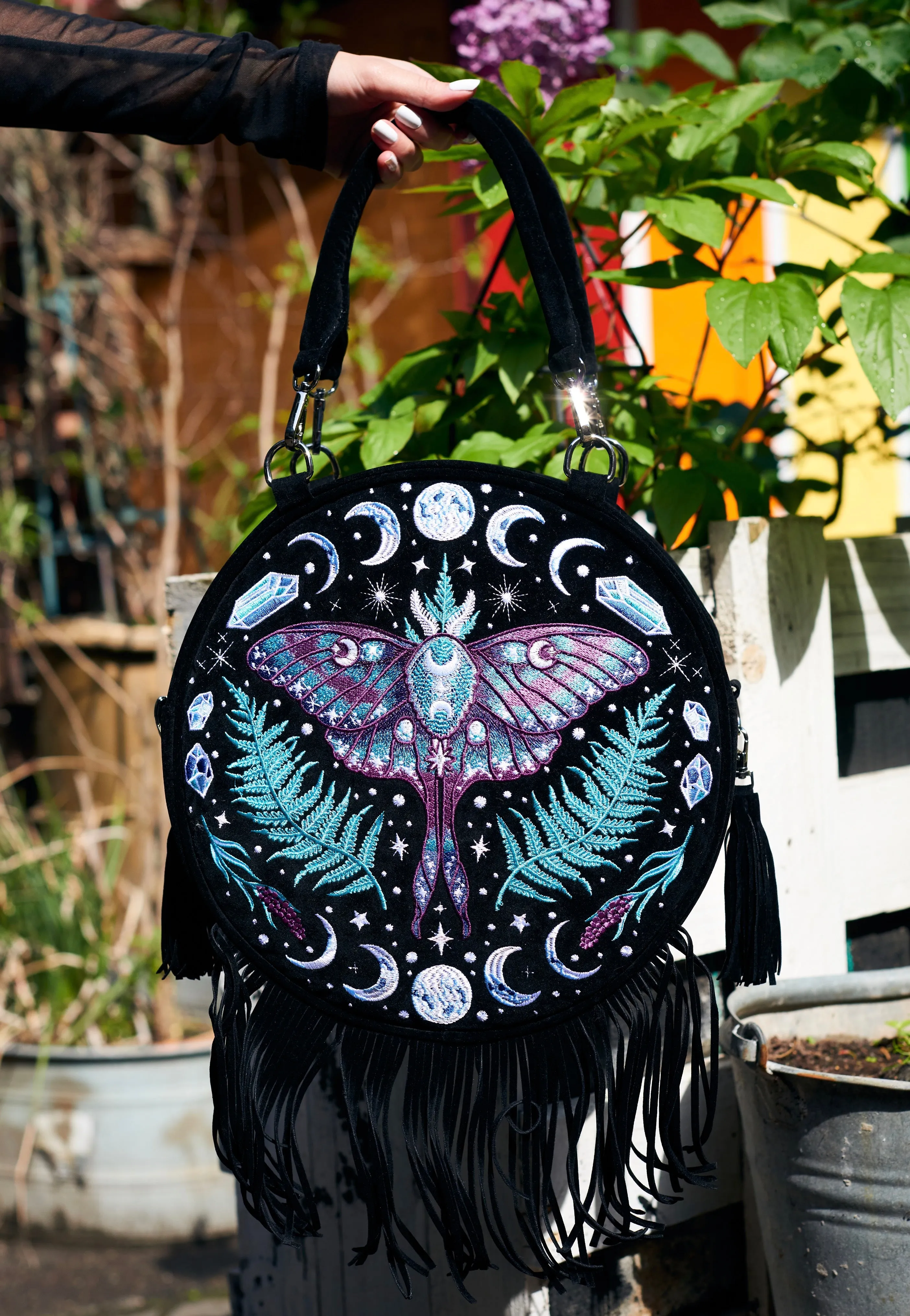 Restyle - Enchanted Forest Round With Moon Moth And Crystals Black - Bag