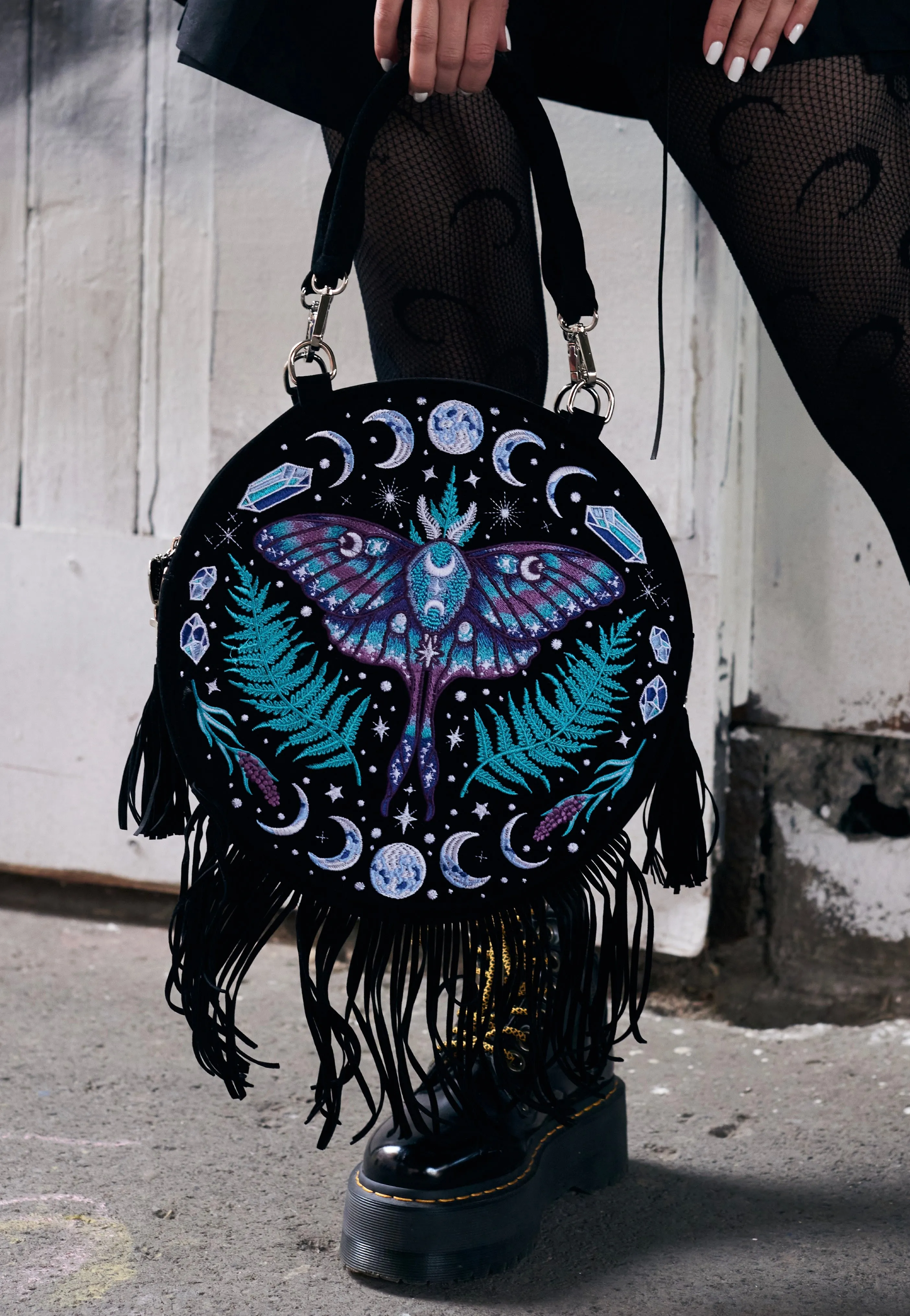 Restyle - Enchanted Forest Round With Moon Moth And Crystals Black - Bag