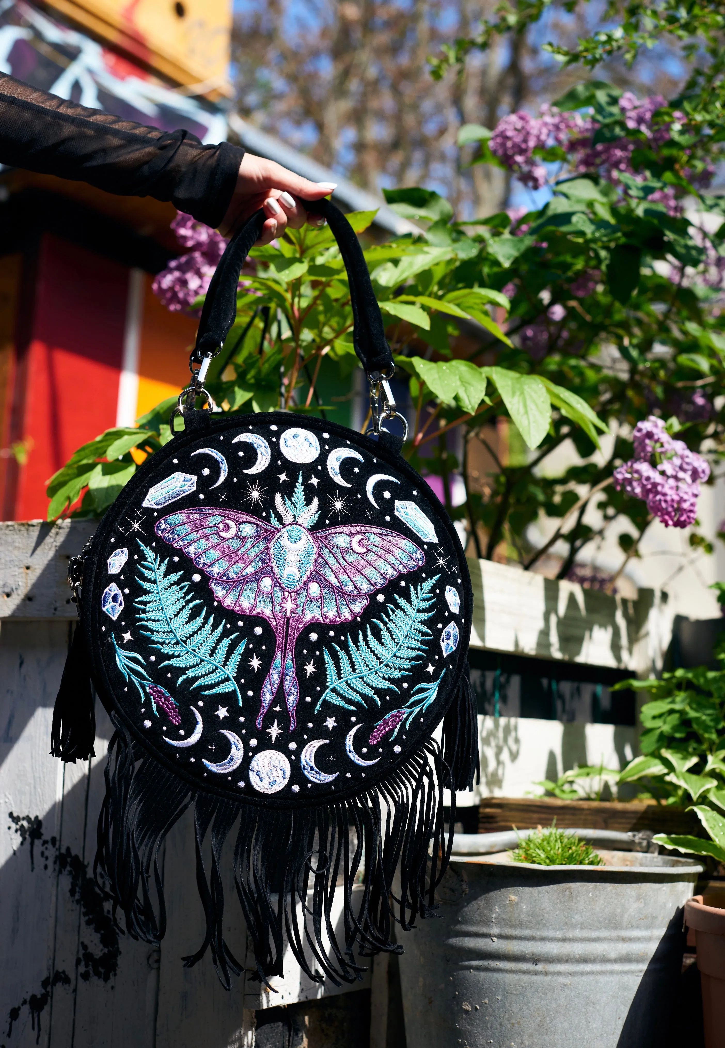 Restyle - Enchanted Forest Round With Moon Moth And Crystals Black - Bag